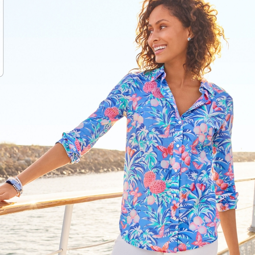 Talbots Ratti Tropical Print Classic Cotton Shirt Size Small